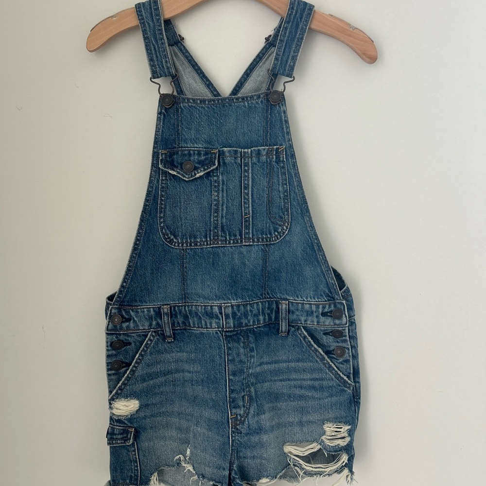 American Eagle Denim Tomgirl Shortalls Bib Overalls Size XS Blue Distressed